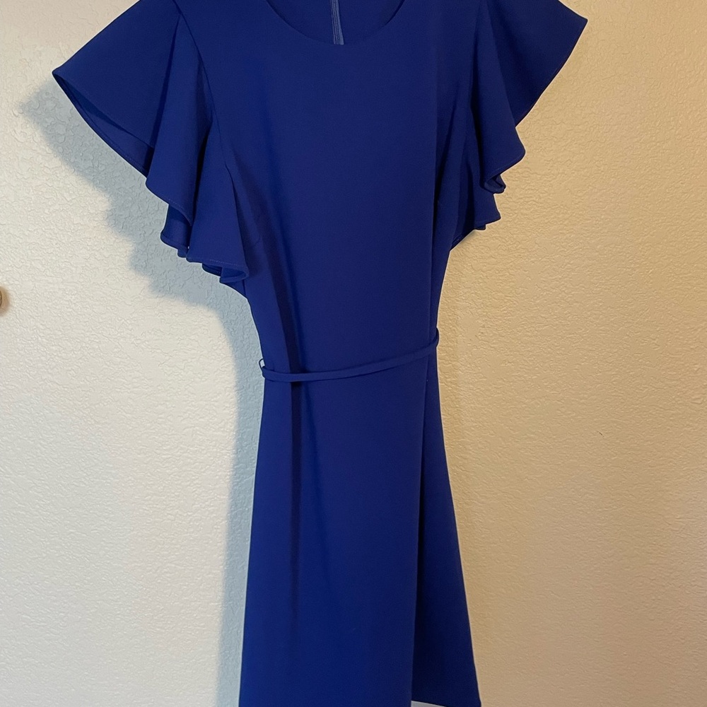 Calvin Klein Asymmetrical Blue Dress with Ruffle Sleeves